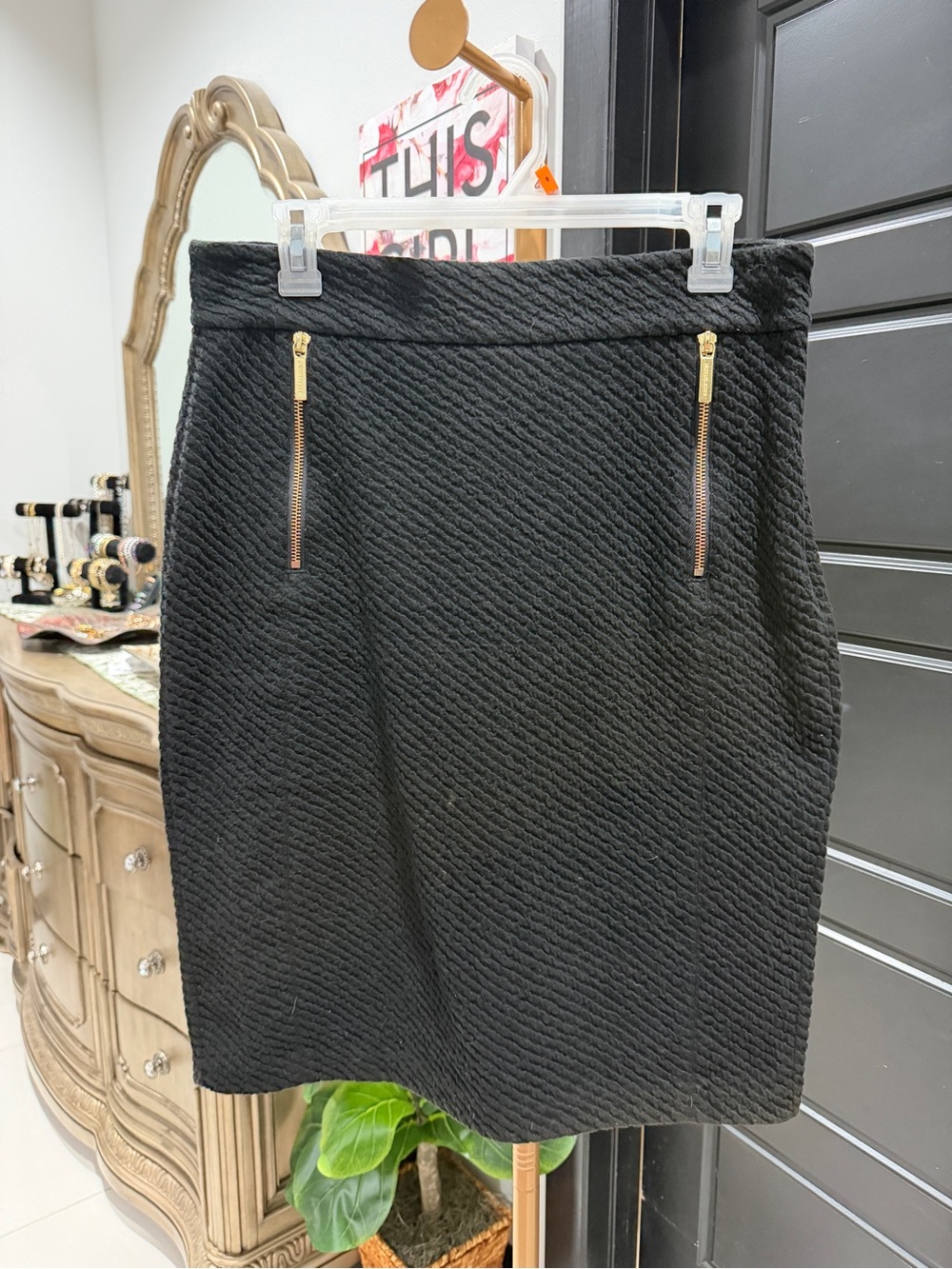 Michael Kors Black Textured Pencil Skirt with Gold Zippers
